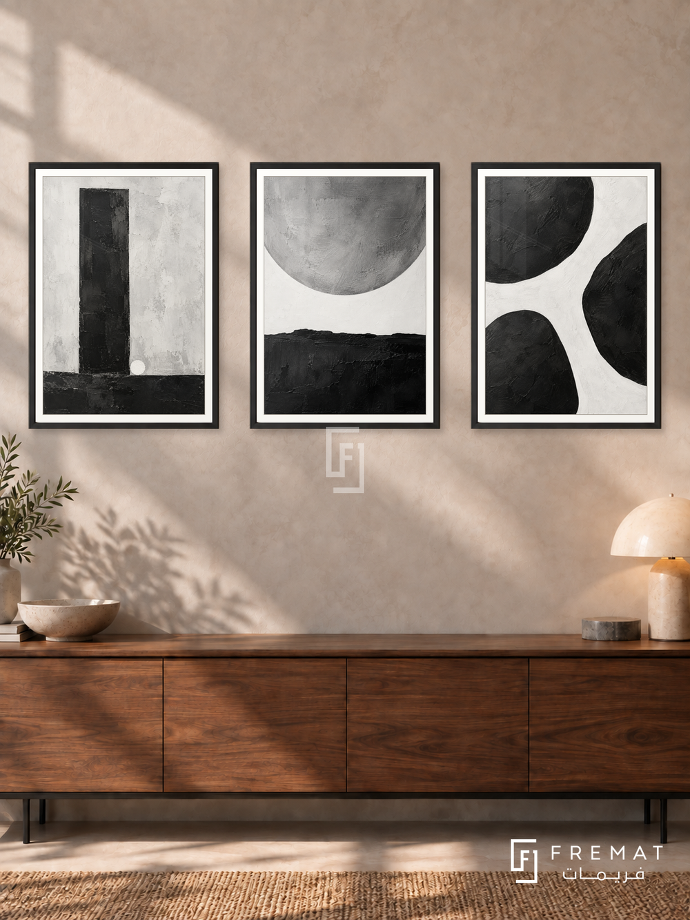Balance And Void — set of three complementary black and white artworks in Black frames, shown at 50×70 cm each.