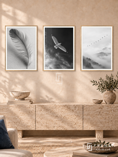Feather And Flight — set of three complementary black and white artworks in Gold frames, shown at 50×70 cm each.