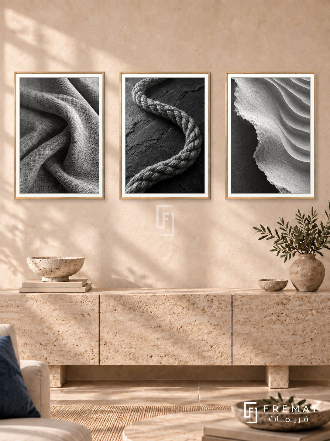 Woven Earth — set of three complementary black and white artworks in Gold frames, shown at 50×70 cm each.