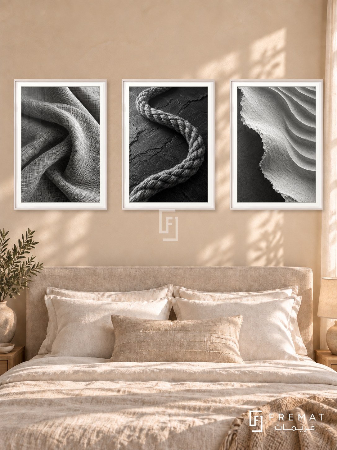 Woven Earth — set of three complementary black and white artworks in White frames, shown at 50×70 cm each.