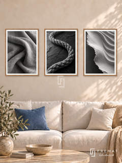 Woven Earth — set of three complementary black and white artworks in Wooden Texture frames, shown at 50×70 cm each.