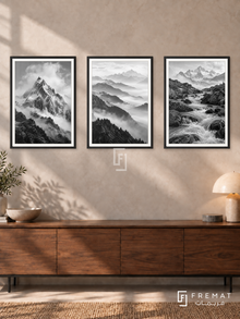 Mountain Breath — set of three complementary black and white artworks in Black frames, shown at 50×70 cm each.