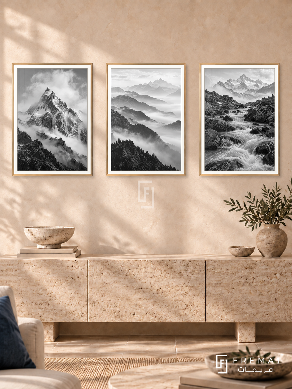 Mountain Breath — set of three complementary black and white artworks in Gold frames, shown at 50×70 cm each.