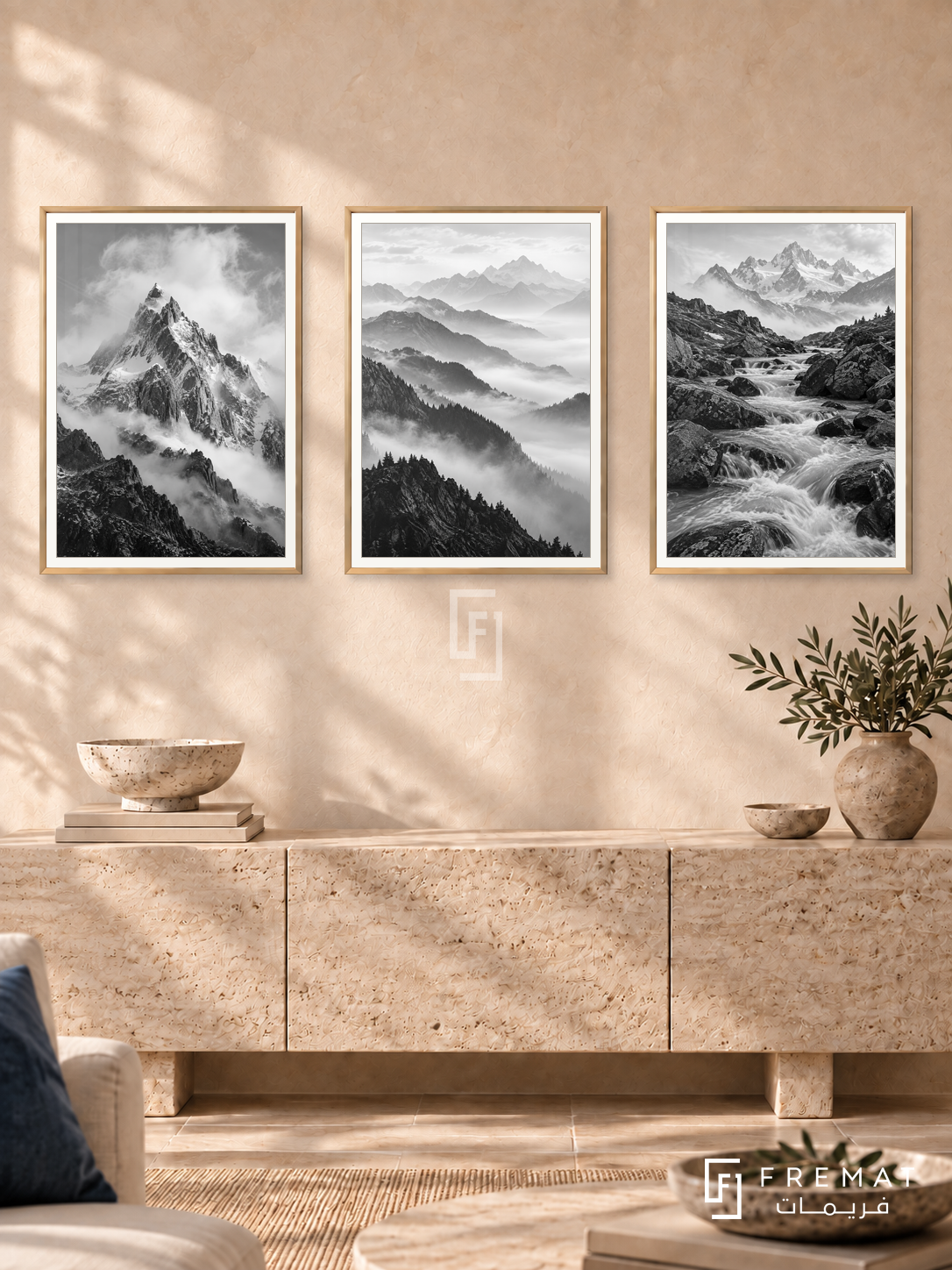 Mountain Breath — set of three complementary black and white artworks in Gold frames, shown at 50×70 cm each.