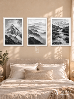 Mountain Breath — set of three complementary black and white artworks in White frames, shown at 50×70 cm each.