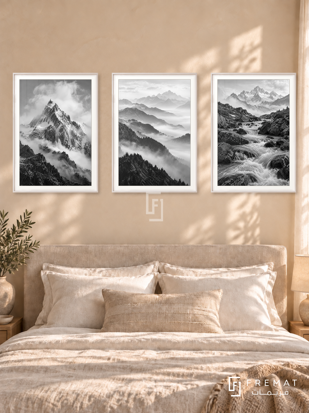 Mountain Breath — set of three complementary black and white artworks in White frames, shown at 50×70 cm each.