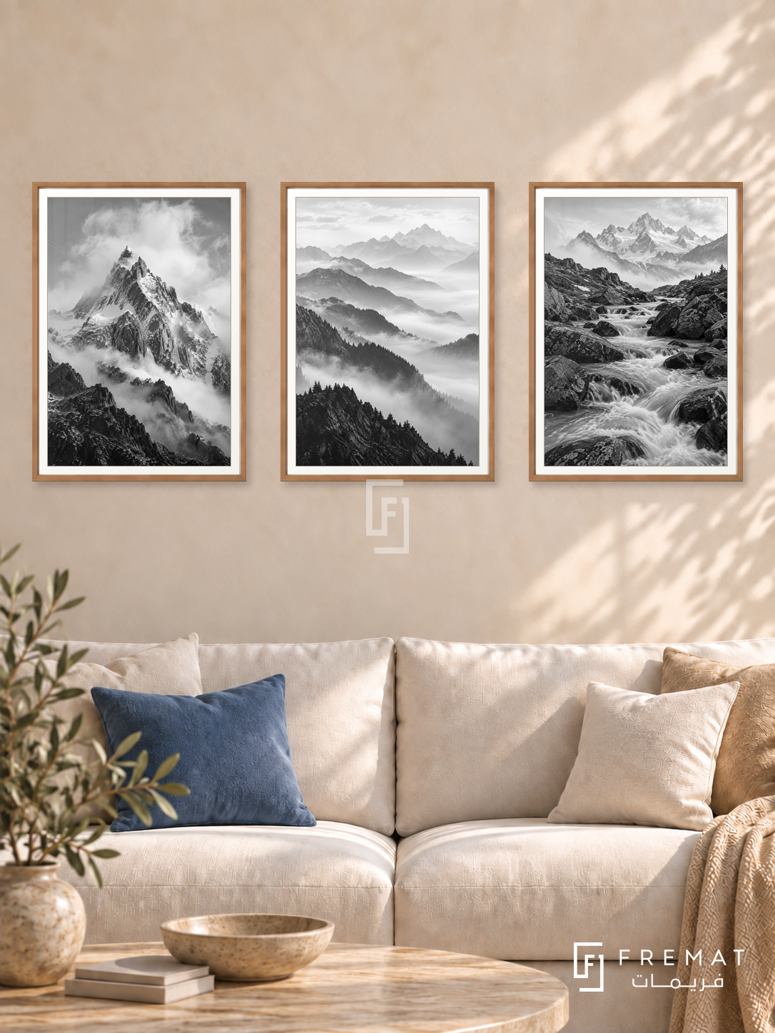 Mountain Breath — set of three complementary black and white artworks in Wooden Texture frames, shown at 50×70 cm each.