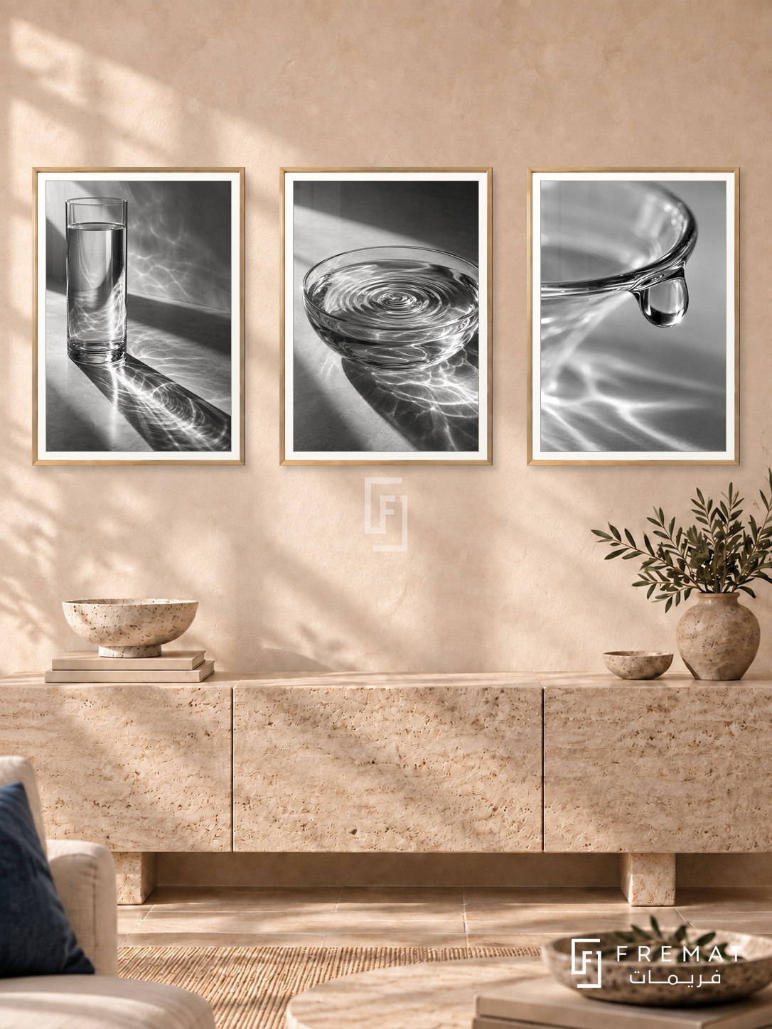 Glass And Water — set of three complementary black and white artworks in Gold frames, shown at 50×70 cm each.