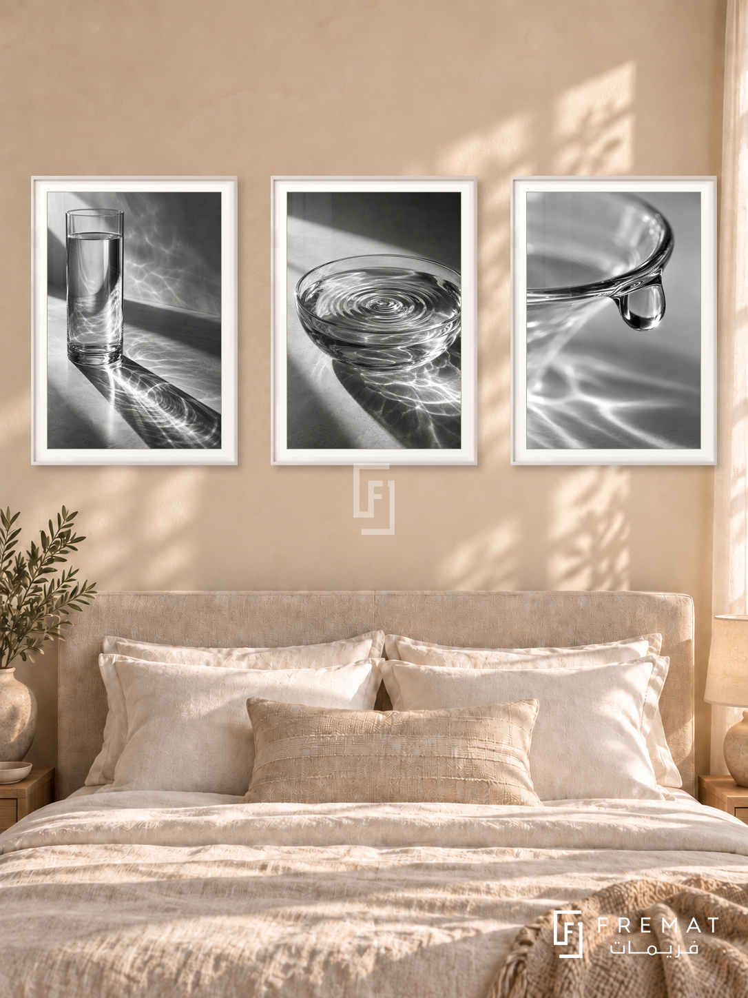 Glass And Water — set of three complementary black and white artworks in White frames, shown at 50×70 cm each.