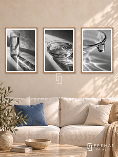 Glass And Water — set of three complementary black and white artworks in Wooden Texture frames, shown at 50×70 cm each.