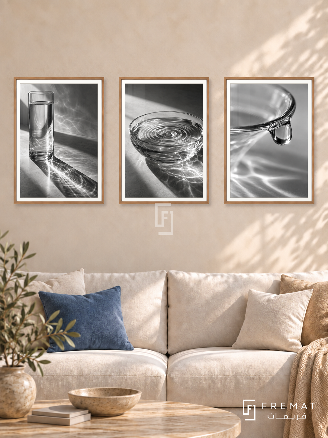 Glass And Water — set of three complementary black and white artworks in Wooden Texture frames, shown at 50×70 cm each.