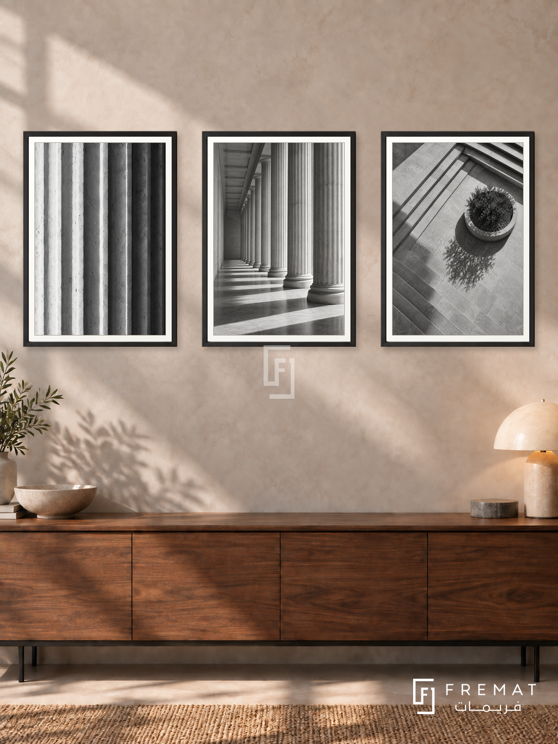 Rhythm Of Columns — set of three complementary black and white artworks in Black frames, shown at 50×70 cm each.