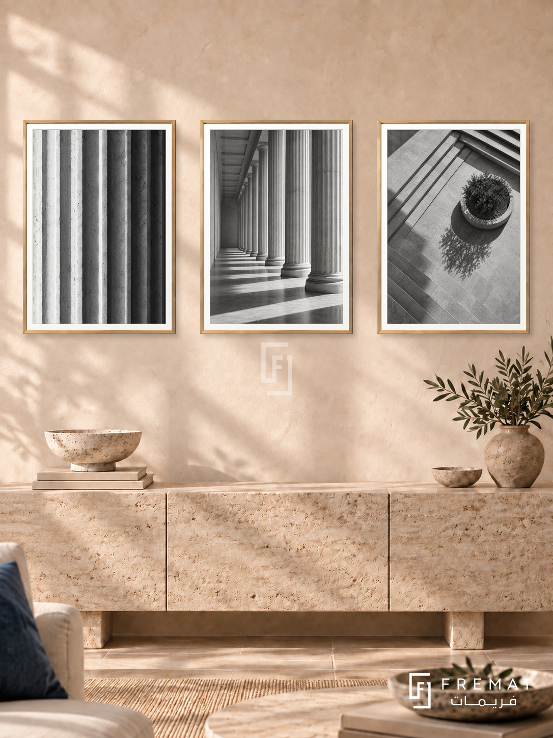 Rhythm Of Columns — set of three complementary black and white artworks in Gold frames, shown at 50×70 cm each.