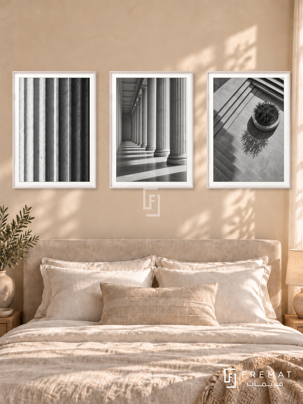 Rhythm Of Columns — set of three complementary black and white artworks in White frames, shown at 50×70 cm each.
