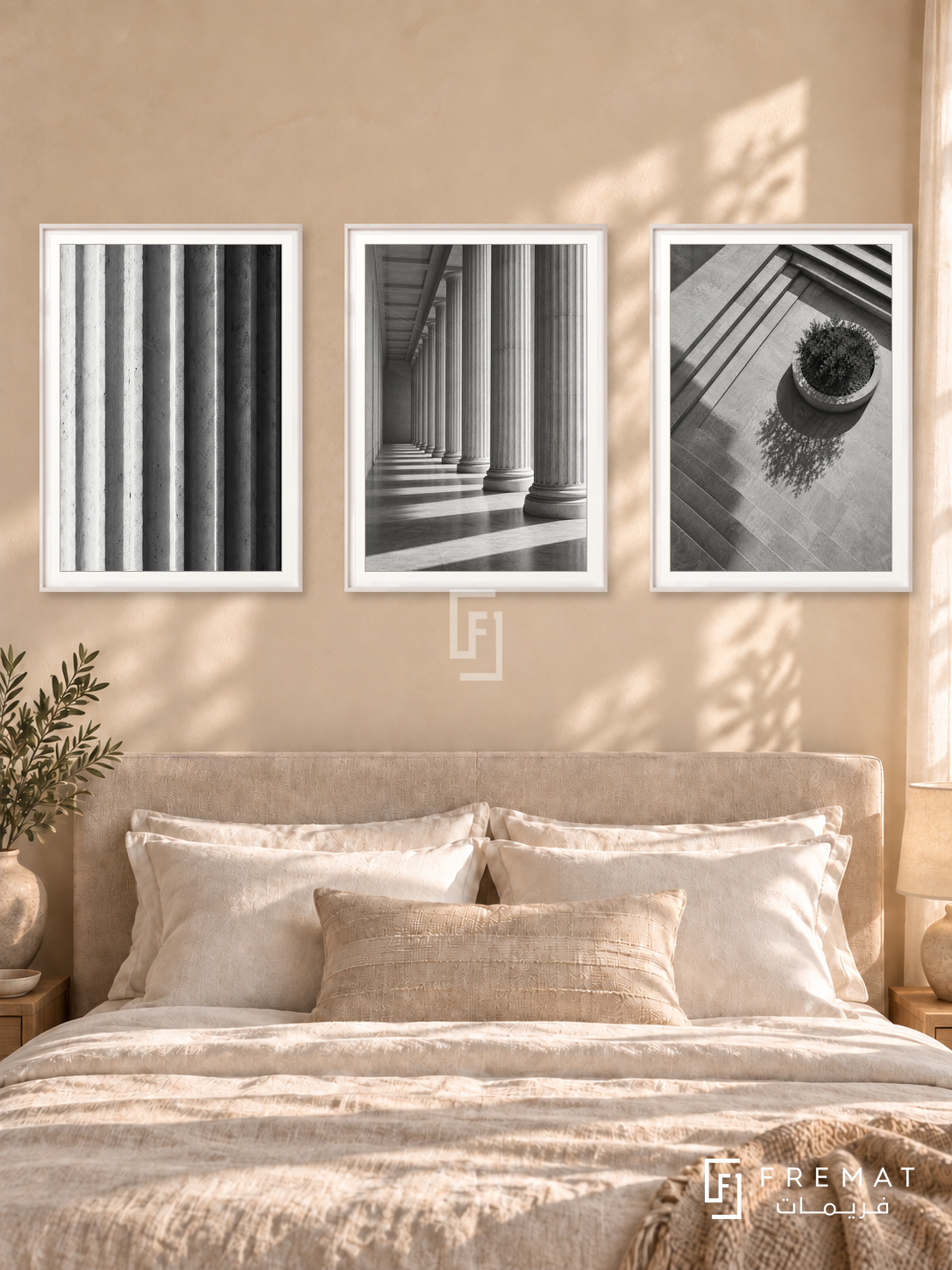 Rhythm Of Columns — set of three complementary black and white artworks in White frames, shown at 50×70 cm each.
