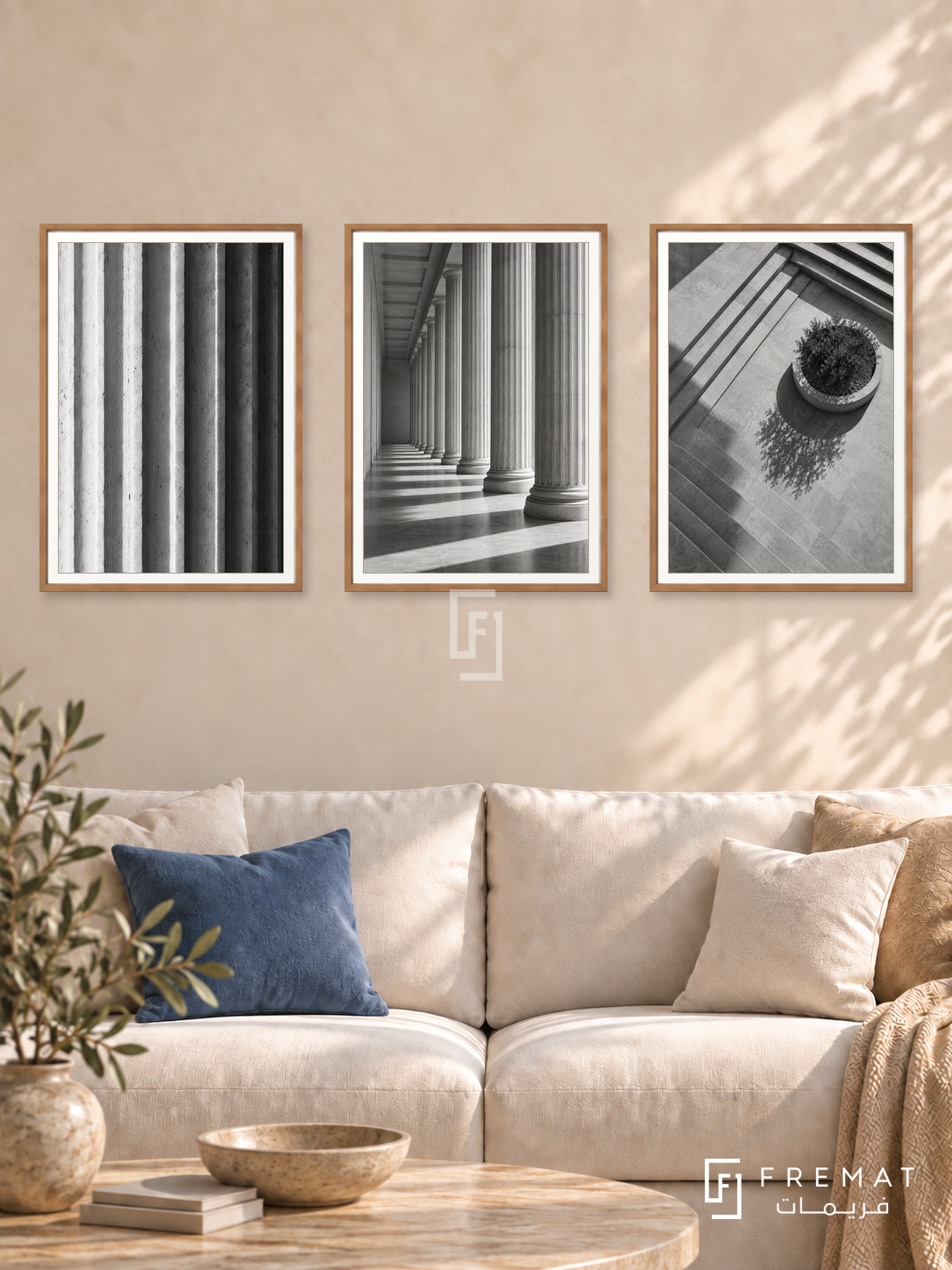 Rhythm Of Columns — set of three complementary black and white artworks in Wooden Texture frames, shown at 50×70 cm each.