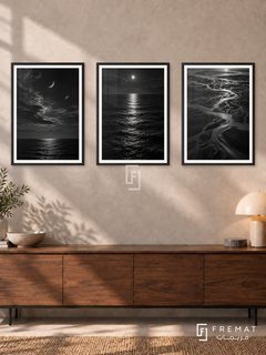 Moon And Tide — set of three complementary black and white artworks in Black frames, shown at 50×70 cm each.