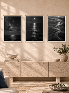 Moon And Tide — set of three complementary black and white artworks in Gold frames, shown at 50×70 cm each.