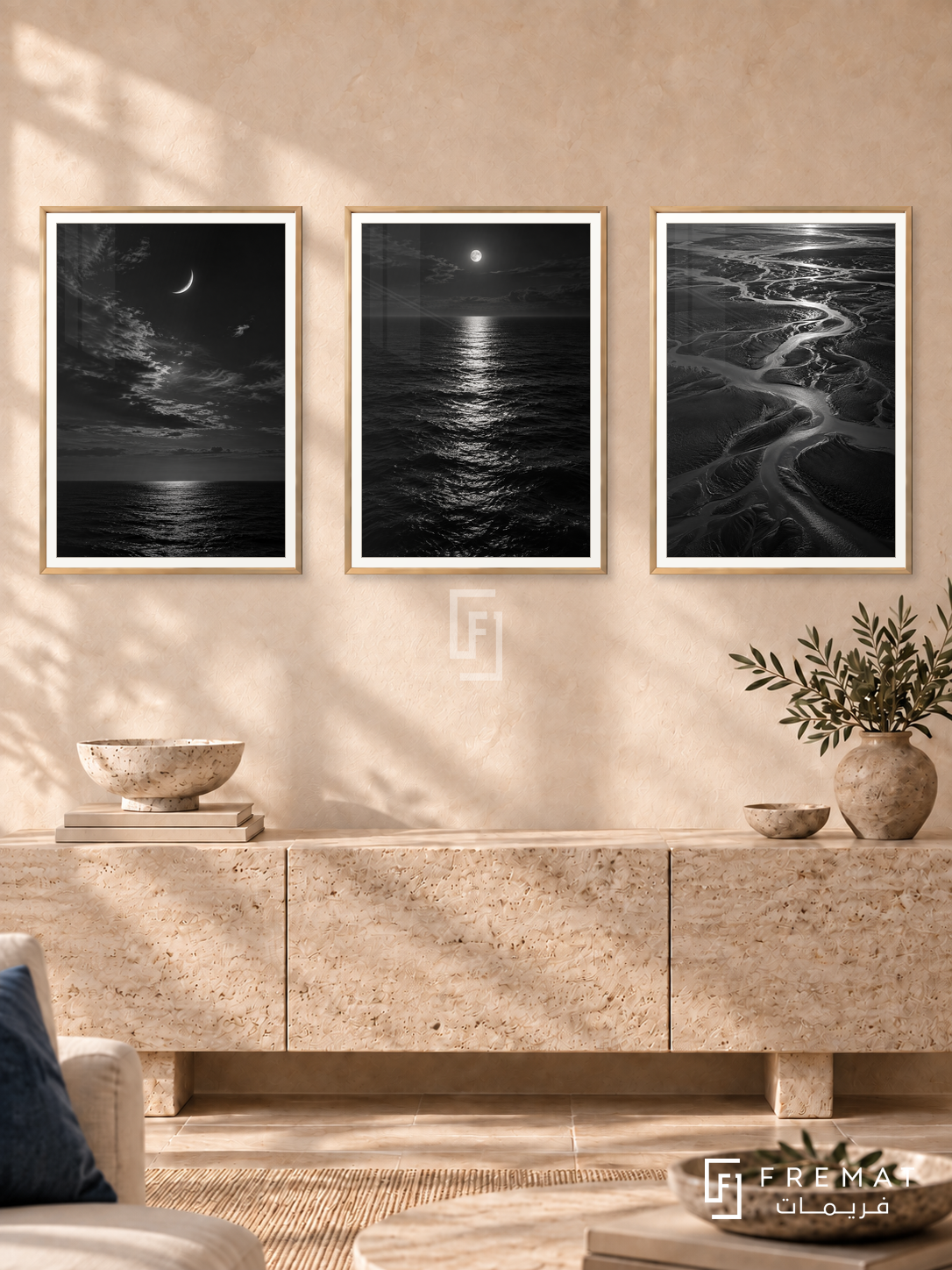 Moon And Tide — set of three complementary black and white artworks in Gold frames, shown at 50×70 cm each.