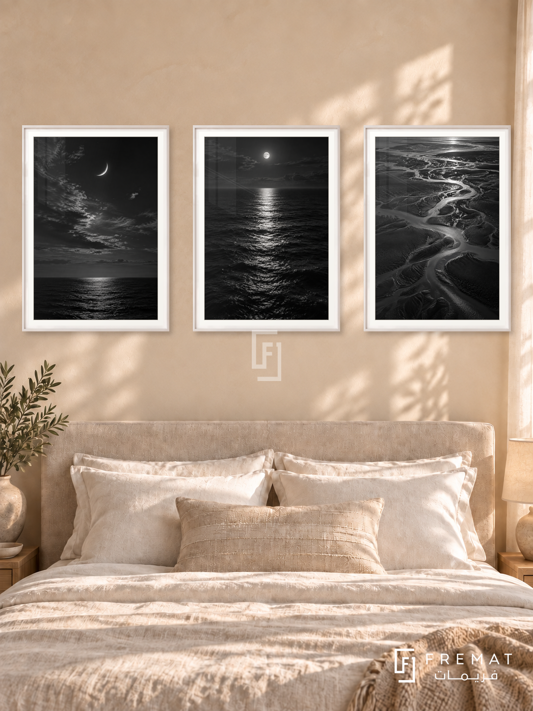 Moon And Tide — set of three complementary black and white artworks in White frames, shown at 50×70 cm each.