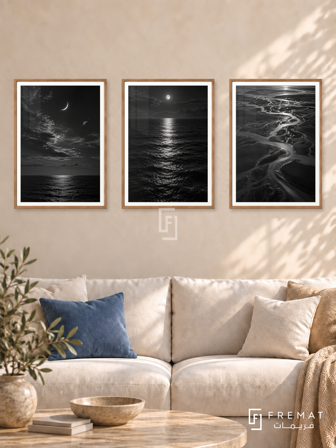 Moon And Tide — set of three complementary black and white artworks in Wooden Texture frames, shown at 50×70 cm each.