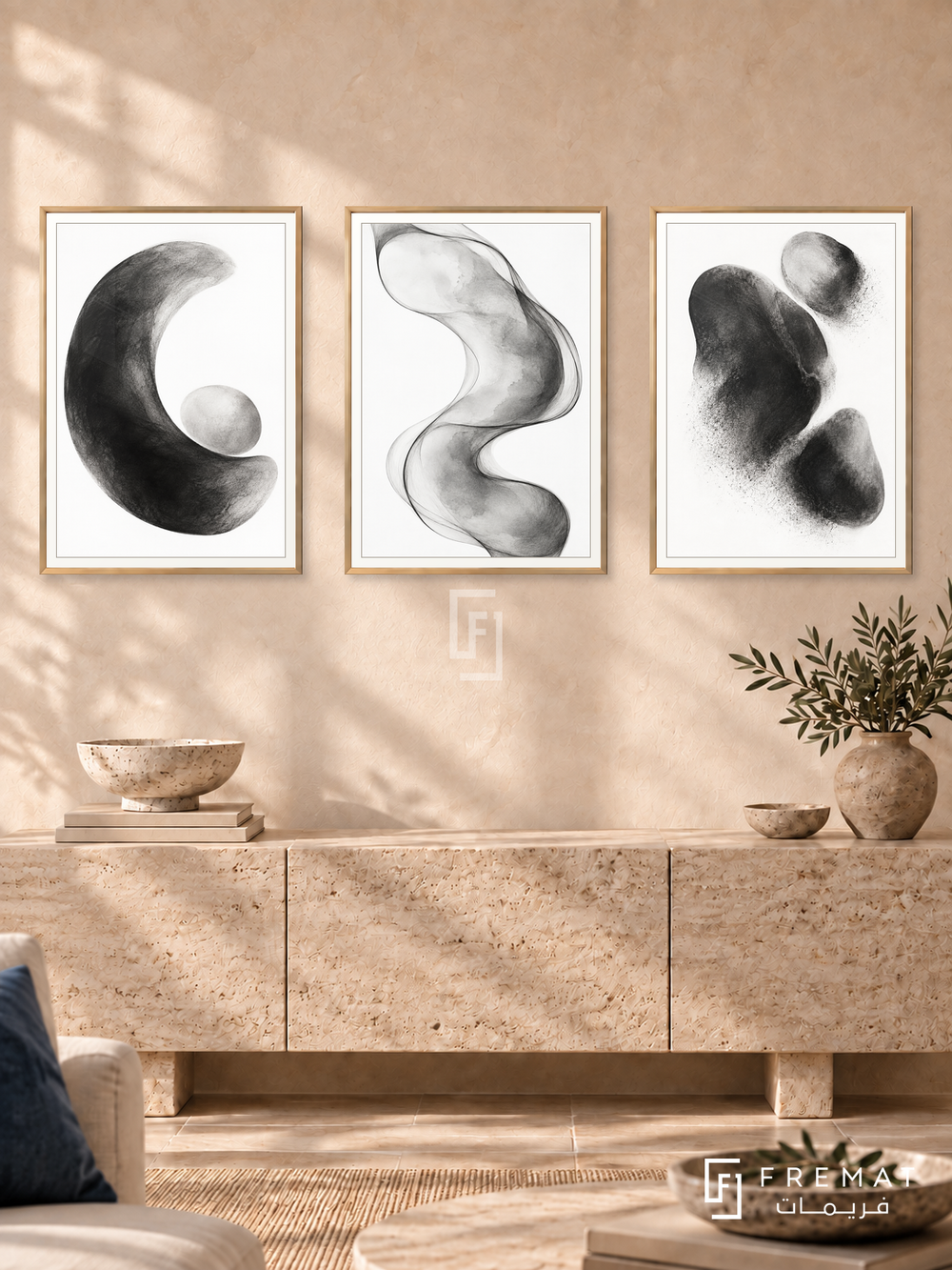 Organic Contours — set of three complementary black and white artworks in Gold frames, shown at 50×70 cm each.