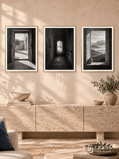 Thresholds — set of three complementary black and white artworks in Gold frames, shown at 50×70 cm each.