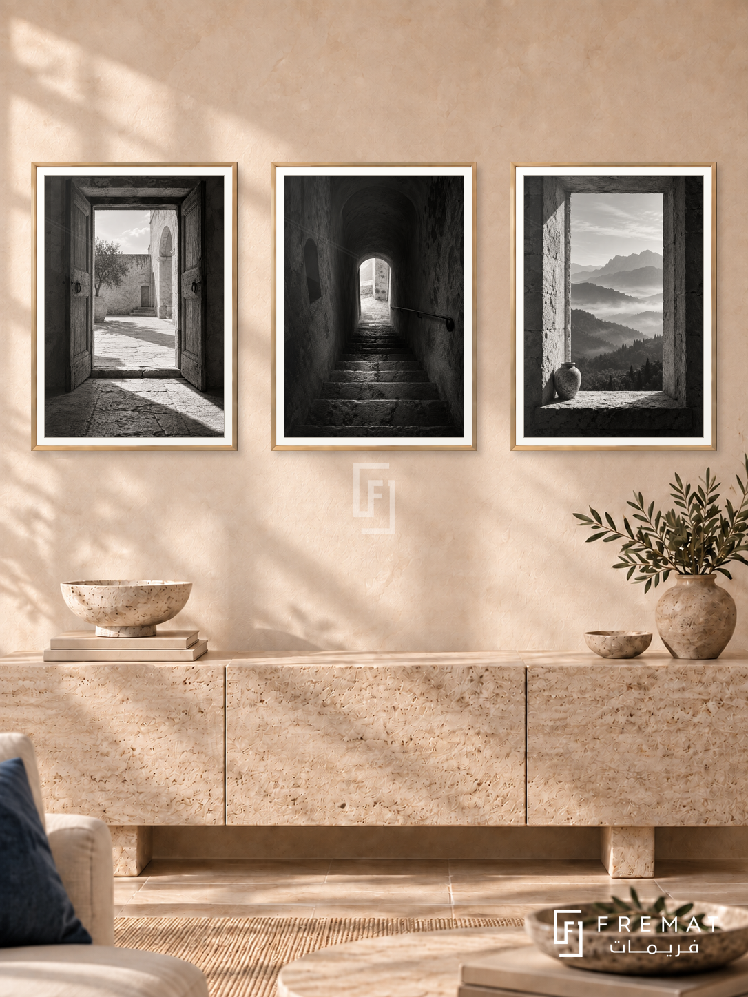 Thresholds — set of three complementary black and white artworks in Gold frames, shown at 50×70 cm each.