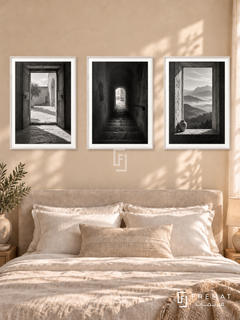 Thresholds — set of three complementary black and white artworks in White frames, shown at 50×70 cm each.