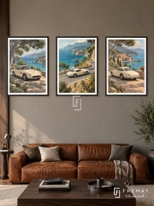 Riviera Coupe — set of three complementary car artworks in Black frames, shown at 50×70 cm each.