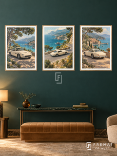 Riviera Coupe — set of three complementary car artworks in Gold frames, shown at 50×70 cm each.