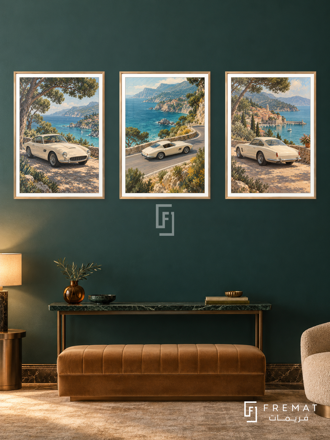 Riviera Coupe — set of three complementary car artworks in Gold frames, shown at 50×70 cm each.