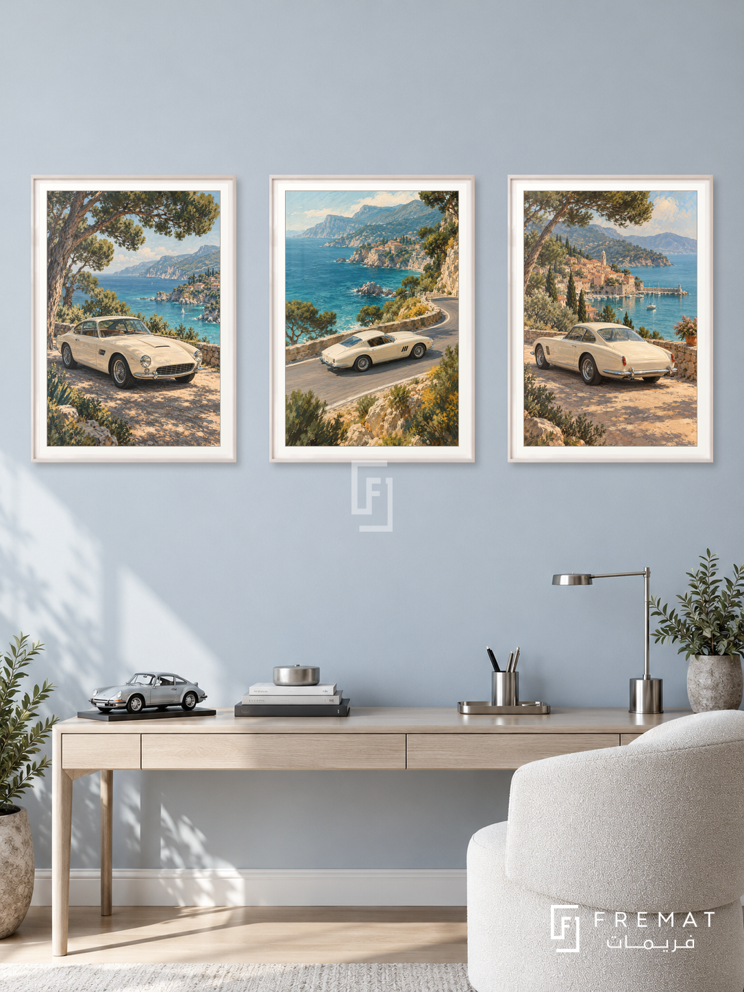 Riviera Coupe — set of three complementary car artworks in White frames, shown at 50×70 cm each.