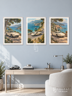 Riviera Coupe — set of three complementary car artworks in White frames, shown at 50×70 cm each.