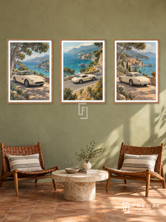 Riviera Coupe — set of three complementary car artworks in Wooden Texture frames, shown at 50×70 cm each.