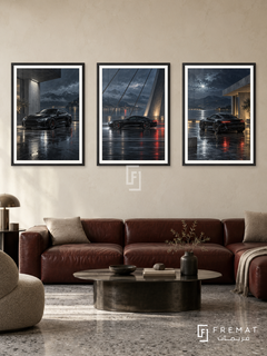 Midnight Lines — set of three complementary car artworks in Black frames, shown at 50×70 cm each.