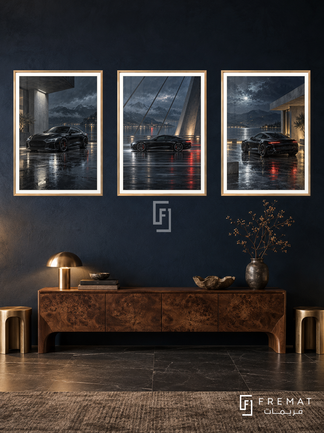 Midnight Lines — set of three complementary car artworks in Gold frames, shown at 50×70 cm each.
