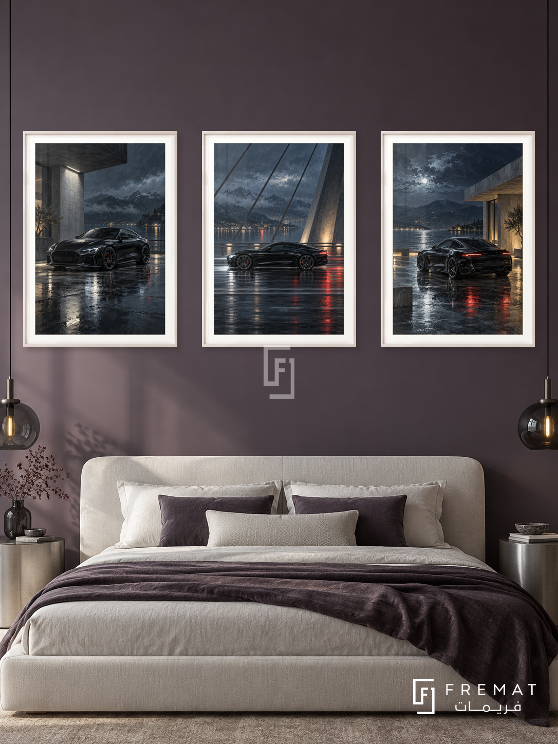 Midnight Lines — set of three complementary car artworks in White frames, shown at 50×70 cm each.
