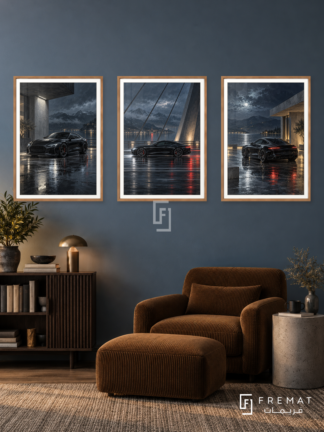Midnight Lines — set of three complementary car artworks in Wooden Texture frames, shown at 50×70 cm each.