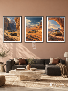 Desert Rally — set of three complementary car artworks in Black frames, shown at 50×70 cm each.