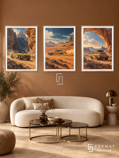 Desert Rally — set of three complementary car artworks in Gold frames, shown at 50×70 cm each.