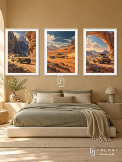 Desert Rally — set of three complementary car artworks in White frames, shown at 50×70 cm each.