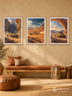 Desert Rally — set of three complementary car artworks in Wooden Texture frames, shown at 50×70 cm each.