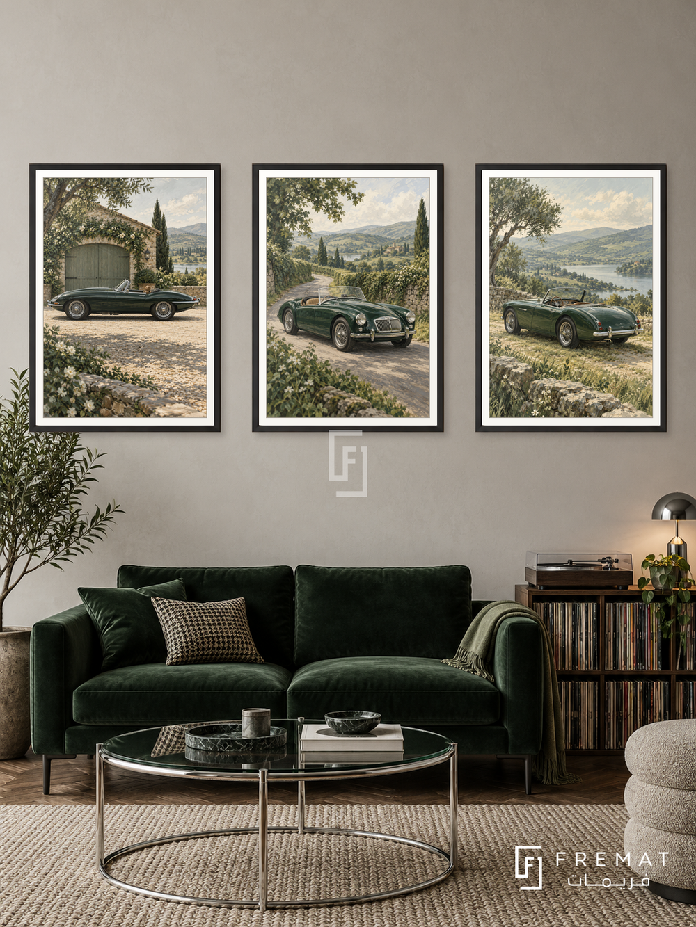 British Green — set of three complementary car artworks in Black frames, shown at 50×70 cm each.