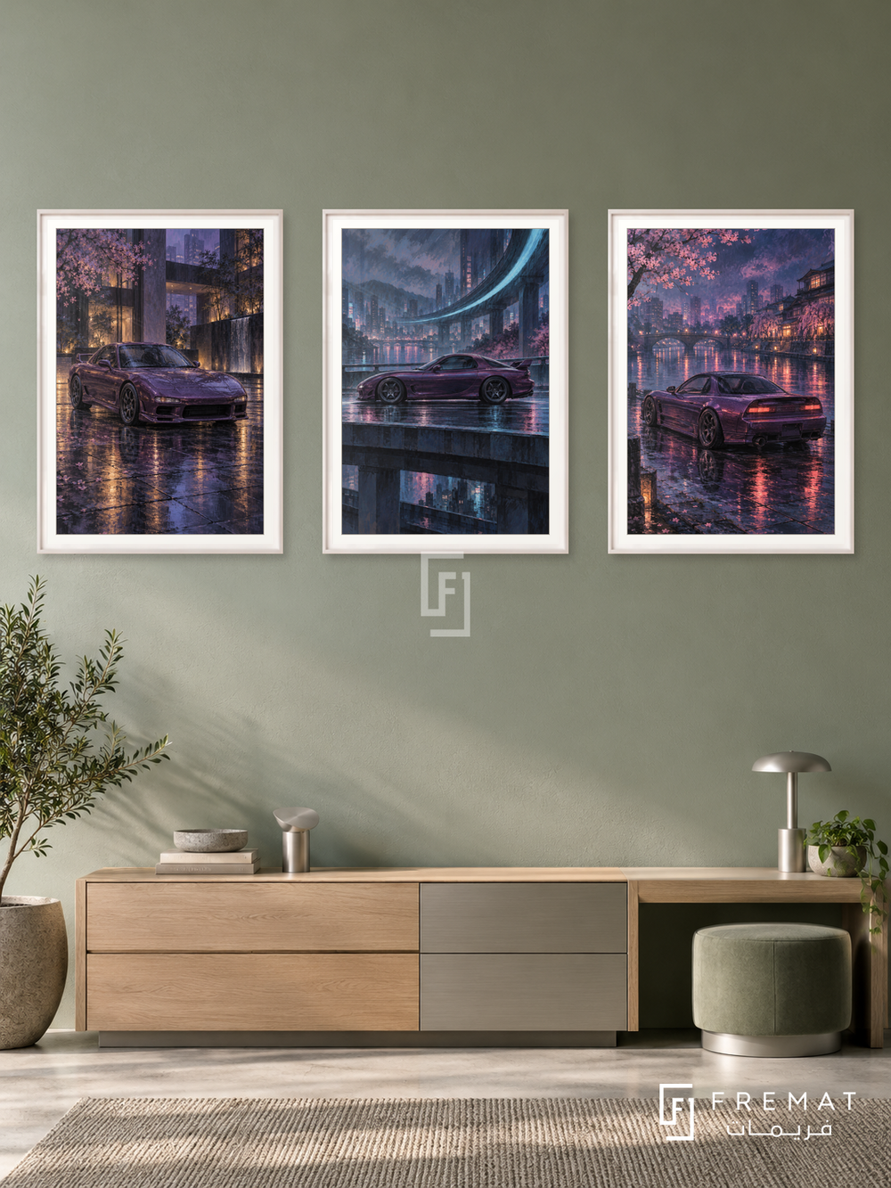 Neon Drift — set of three complementary car artworks in White frames, shown at 50×70 cm each.