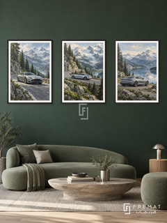 Alpine Touring — set of three complementary car artworks in Black frames, shown at 50×70 cm each.