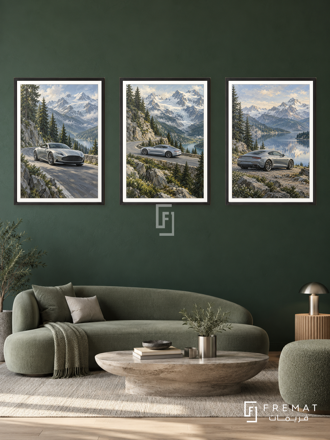 Alpine Touring — set of three complementary car artworks in Black frames, shown at 50×70 cm each.