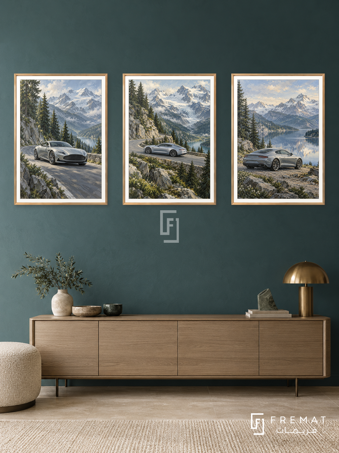 Alpine Touring — set of three complementary car artworks in Gold frames, shown at 50×70 cm each.