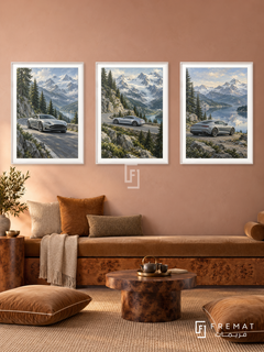 Alpine Touring — set of three complementary car artworks in White frames, shown at 50×70 cm each.