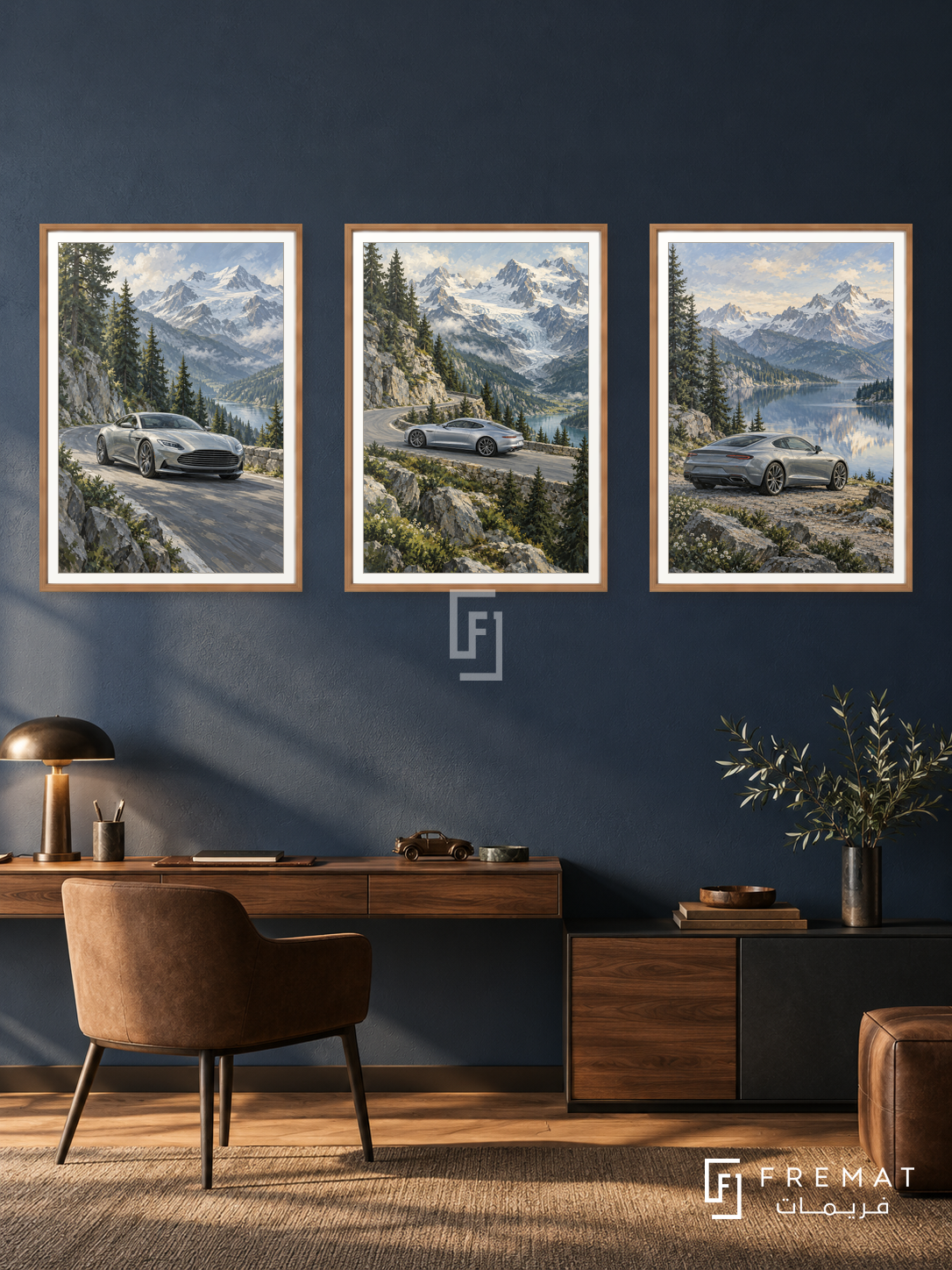 Alpine Touring — set of three complementary car artworks in Wooden Texture frames, shown at 50×70 cm each.